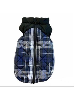 Small breed dog navy blue black white plaid checkered puffer vest jacket coat M